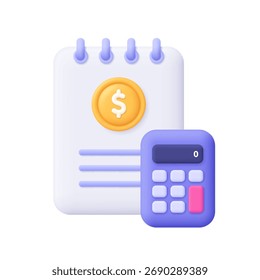 Cuaderno o archivo de documento con calculadora y moneda. Informe financiero, contabilidad, ingresos y concepto fiscal. Icono de Vector 3D. Estilo minimalista de dibujos animados.
