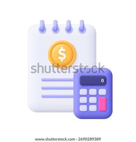 Notebook or document file with calculator and coin. Financial report, accounting, income and tax concept. 3d vector icon. Cartoon minimal style.