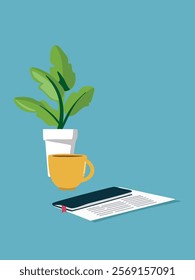 notebook with documents near a cup and houseplant vector illustration 