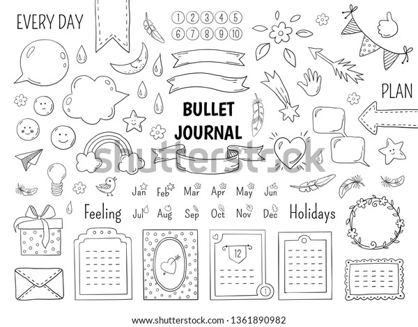 Notebook doodle bullet. Hand drawn diary frame,
journal linear list borders and elements. Vector sketch doodle
elements planner notes design
scribbles