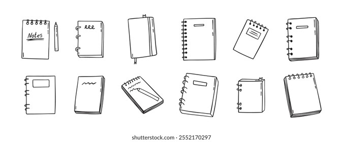 Cuaderno doodle dibujado a mano conjunto de iconos. Clipart de líneas de cuadernos de dibujo de esquema. Libro de ejercicios de doodle aislado. Ilustración vectorial