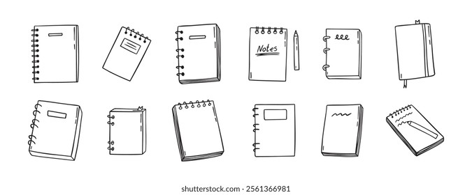 notebook doodle hand drawn icon set. Outline drawing notebooks line clipart symbol. Isolated doodle exercise book. Vector illustration