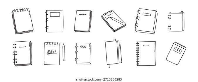 Cuaderno doodle dibujado a mano conjunto de iconos. Clipart de líneas de cuadernos de dibujo de esquema. Libro de ejercicios de doodle aislado. Ilustración vectorial
