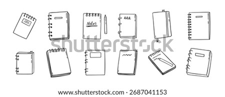 notebook doodle hand drawn icon set. Outline drawing notebooks line clipart symbol. Isolated doodle exercise book. Vector illustration