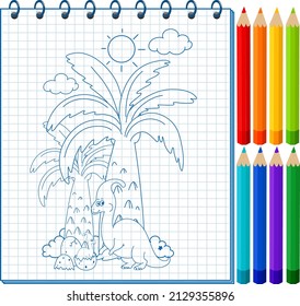 A notebook with a doodle sketch design and colour pencils illustration