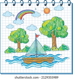 A notebook with a doodle sketch design with colour at the cover page illustration