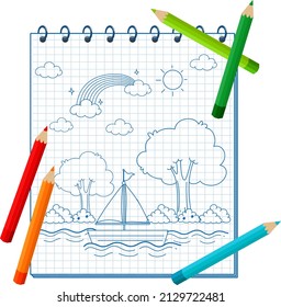 A notebook with a doodle sketch design and colour pencils illustration