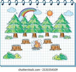 A notebook with a doodle sketch design with colour at the cover page illustration