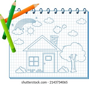 A notebook with a doodle sketch design and colour pencils illustration