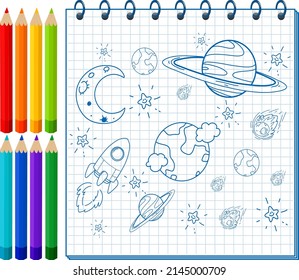 A notebook with a doodle sketch design and colour pencils illustration