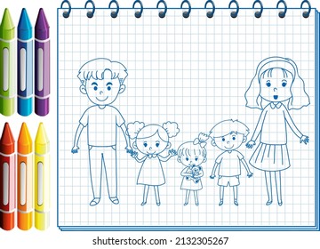 A notebook with a doodle sketch design with crayons illustration