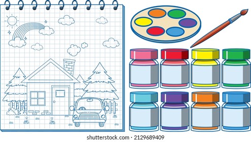 A notebook with a doodle sketch design and watercolour illustration