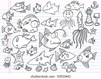 Notebook Doodle Summer Ocean Animal Design Elements Vector Illustration Set