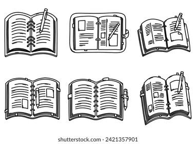 Notebook Doodle vector icon set. Drawing sketch illustration hand drawn line.