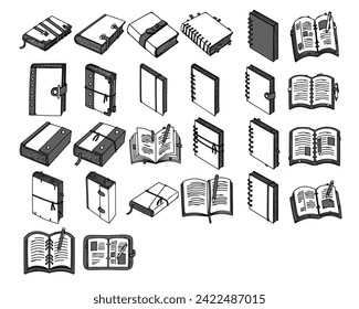 Notebook Doodle vector icon set. Drawing sketch illustration hand drawn line.
