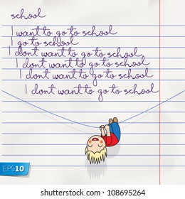 Notebook doodles page with lettering back to school and cartoon boy, vector image