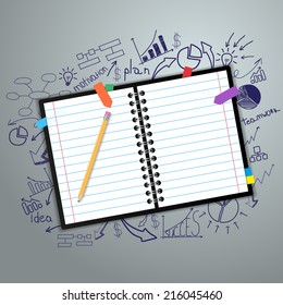notebook with drawing charts and graphs success business strategy plan concept idea, Abstract infographic workflow layout, diagram, step up options, Vector illustration template design