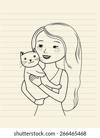 notebook drawing of a girl holding her cat, vector illustration