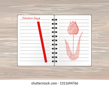 Notebook. Drawn by hand. Line in the shape of  tulip flower. Empty space for text. Vector on wooden background