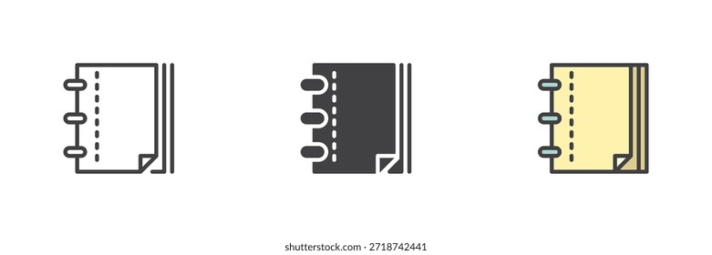Notebook education icon set in line, solid and filled outline colorful style. Study material vector sign and symbol. Education icon for writing notes, learning and school organization.