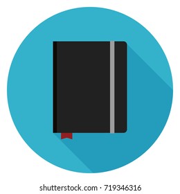 Notebook with elastic band icon. Illustration in flat style. Round icon with long shadow.
