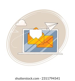 Notebook mit Umschlägen. Das Konzept der Newsletter. Computerbildschirm mit geöffnetem Newsletter