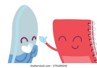 notebook and eraser with happy face cartoon, school supplies vector illustration design