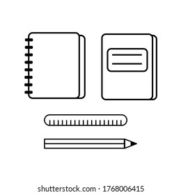 Notebook, exercise book, copybook icon, ruler and pencil. Back to school essentials for elementary grade or education concept. Flat illustration.