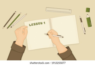 Notebook or exercise book
for summary notes, pen, pencil, marker, ruler are on table in room. Human starts writing something, hands are shown. White pen is in right hand. Lesson number one is written