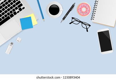 Notebook with eyeglasses, smart phone, laptop, pencil, pen, donut, USB Flash Drive with coffee cup on blue color background with copy space, Top view. Vector illustration