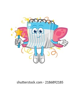 the notebook fairy with wings and stick. cartoon mascot vector