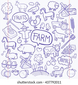 Notebook Farm Day Animals Doodle Icons Hand Made Vector Illustration Sketch.