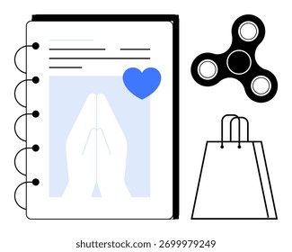 Notebook com ilustrações de mãos fechadas e coração, fidget spinner e saco de compras. Ideal para atenção plena, papelaria, saúde mental, relaxamento, hábitos de consumo, simplicidade pessoal