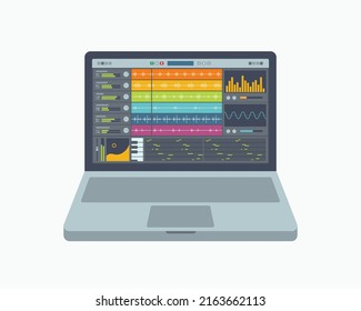A notebook with a fictional application for creating, production  and mixing music. Vector illustration. svg