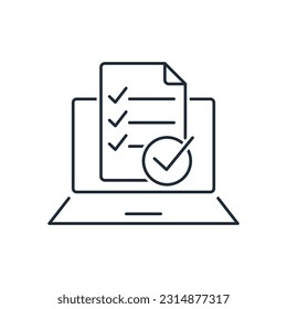 Notebook, filled form and round sign with a checkmark. Approved Questionnaire. Vector linear icon isolated on white background.