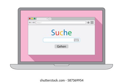 Notebook with flat style browser window on pink background. Search engine illustration. Inscriptions "Search" and button "Go" in German language. 