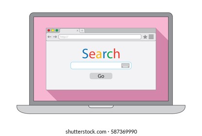Notebook with flat style browser window on pink background. Search engine illustration. 