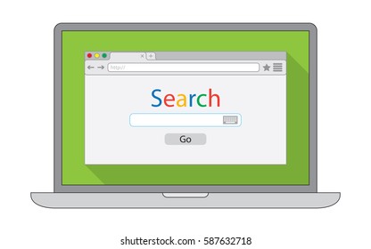 Notebook with flat style browser window on green background. Search engine illustration. 