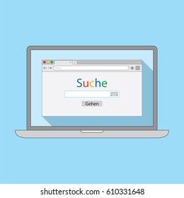 Notebook with flat style browser window on light blue background. Search engine illustration. Inscriptions "Search" and button "Go" in German language.