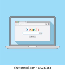 Notebook with flat style browser window on light blue background. Search engine illustration.