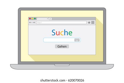 Notebook with flat style browser window on yellow background. Search engine illustration. Inscriptions "Search" and button "Go" in German language. 
