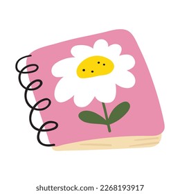 Notebook with flower. Sticker. Flat vector hand drawn illustration on white background.