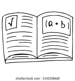 Notebook with formulas. Vector illustration open textbook, a book with mathematical formulas. Hand drawn notebook in mathematics, algebra. Textbook on mathematics.