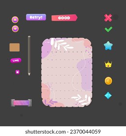 Notebook Game UI Set Coin Wooden Buttons Sheet For School Or Office Bookmark Close Button Crown Gem Icon Oval And Rectangle Cartoon Cute Colorful Vector Design