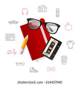 Notebook and Glasses with Color Outline Icon Hipster Style Concept. Vector illustration