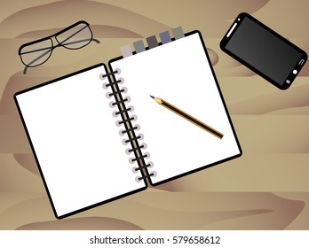 notebook, glasses, pencil and phone on desk