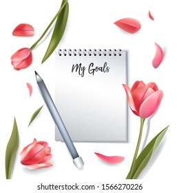 notebook with goals. realistic 3d mockup with copy space for text. elegant flowers on background. realistic fashion banner in romantic woman style. vector illustration