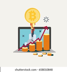 Notebook with golden bitcoin and growing chart. Flat vector illustration