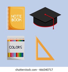 Notebook graduation cap colors ruler icon. School implements. Vector graphic