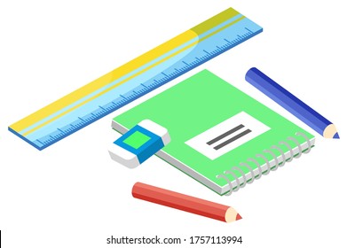 Notebook with green cover, color pencils, plastic ruler and eraser or rubber isolated on white. Back to school concept. Office supplies and colorful stationery isometric style vector illustration